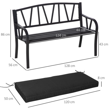 Ławka ogrodowa Outsunny 2-osobowa z poduszką, metalowa sofa dwuosobowa, krzesło parkowe z listewkami, ozdobne oparcie i podłokietniki, kolor czarny