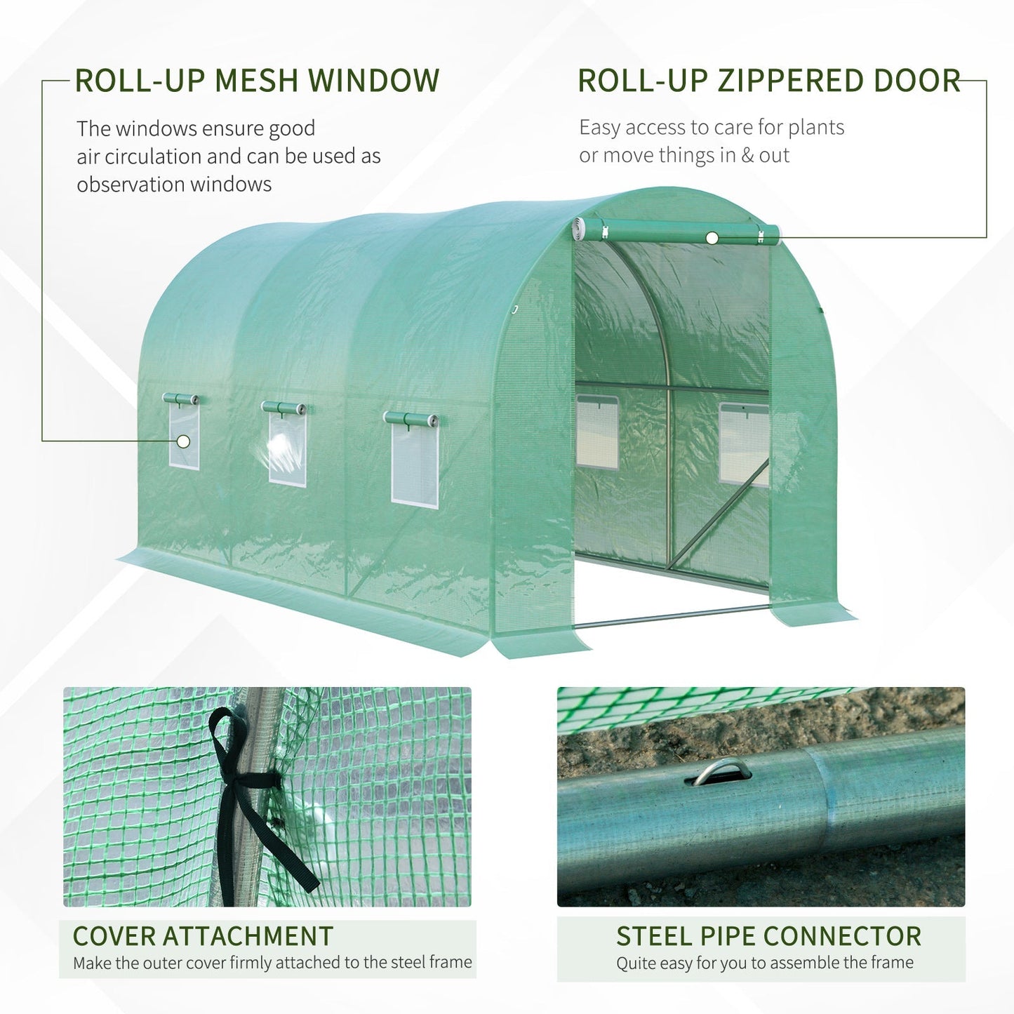 Outsunny 4L x 2W x 2H Polytunnel Greenhouse Garden Flower Vegetable Planter 25mm Diameter Galvanised Steel Frame w/ Zipped Door-Green