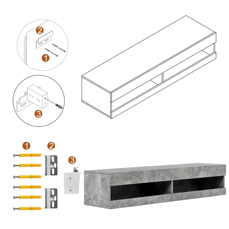 Wall-Mounted Modern TV Stand with LED Lights, Remote-Controlled RGB Lighting, Spacious Storage, 140x40x30.5 cm, Grey