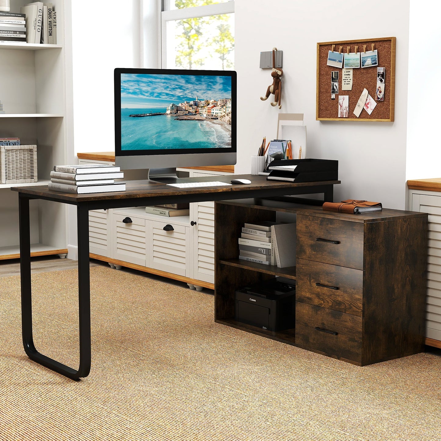 Heavy-duty L Shaped Computer Desk Corner Executive Desk with 3 Drawers-Coffee