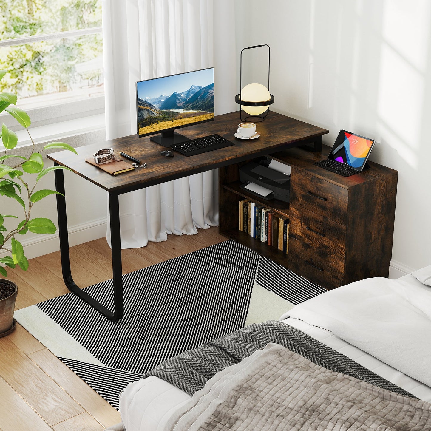 Heavy-duty L Shaped Computer Desk Corner Executive Desk with 3 Drawers-Coffee