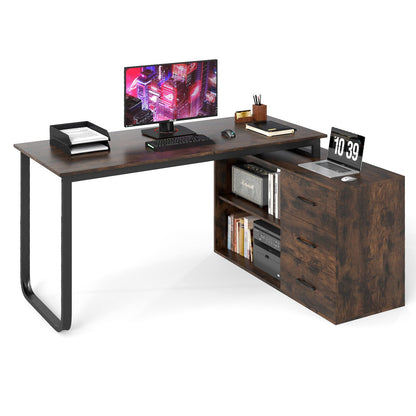 Heavy-duty L Shaped Computer Desk Corner Executive Desk with 3 Drawers-Coffee