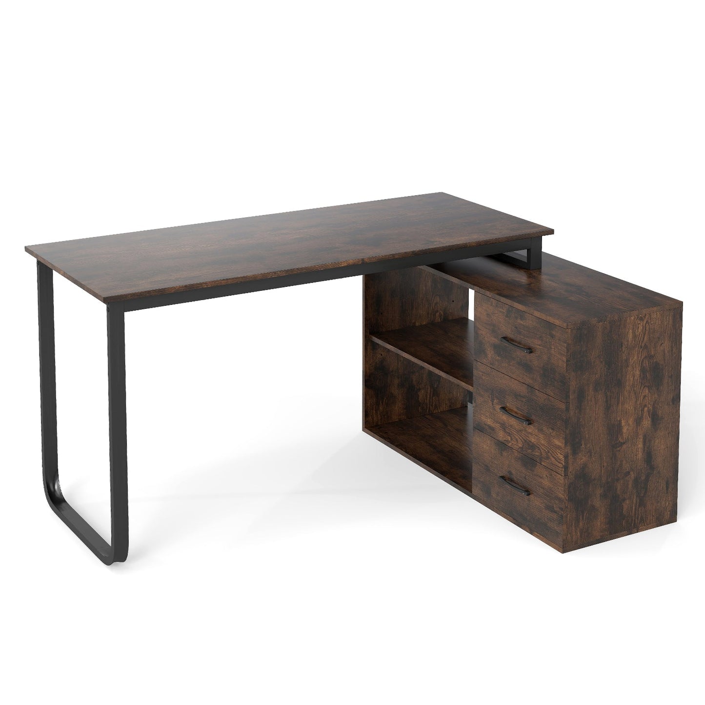 Heavy-duty L Shaped Computer Desk Corner Executive Desk with 3 Drawers-Coffee