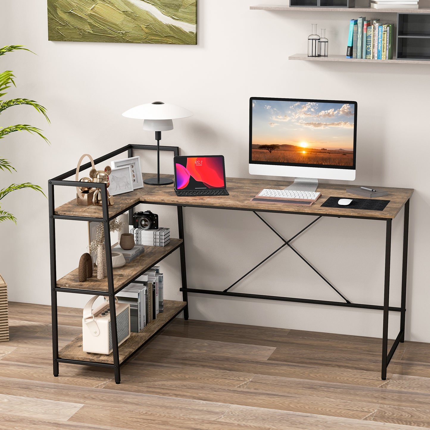 Reversible L-Shaped Computer Desk with Open Storage Shelves-Rustic Brown