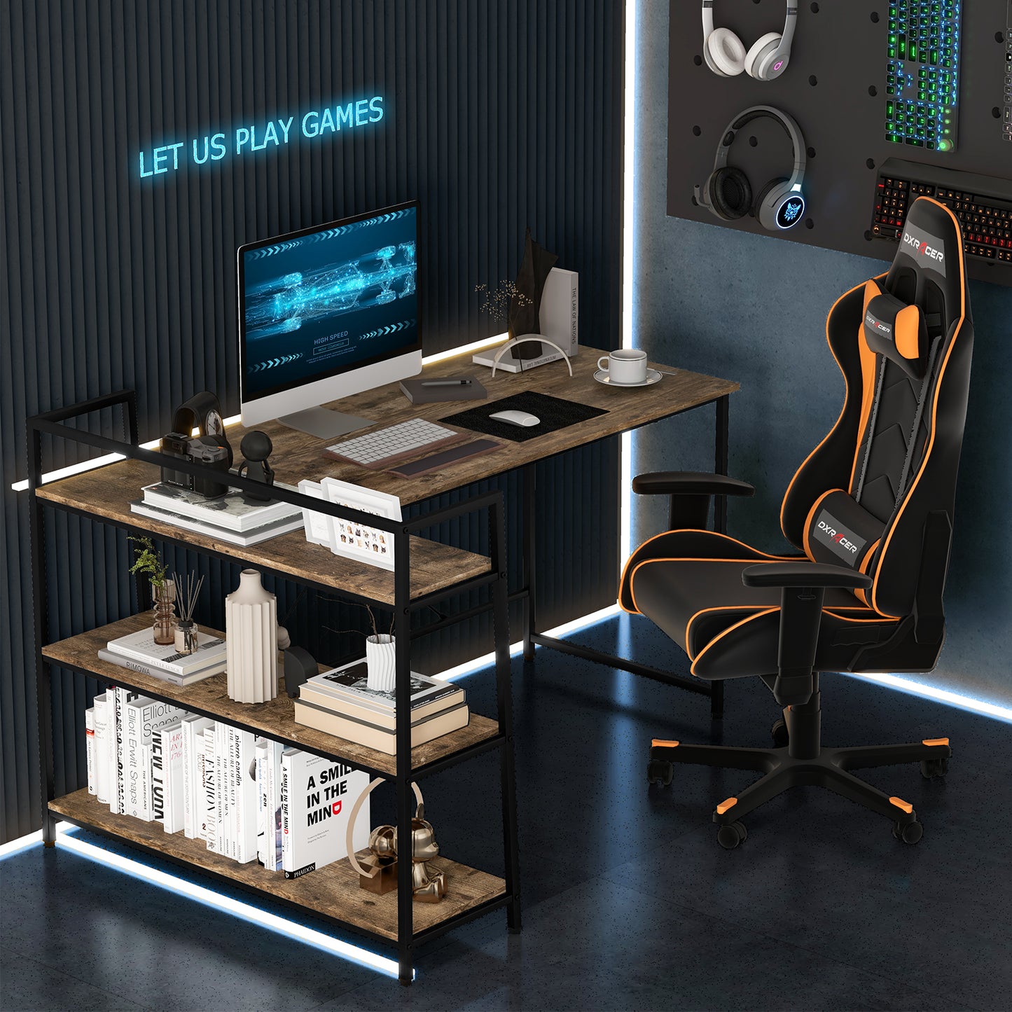 Reversible L-Shaped Computer Desk with Open Storage Shelves-Rustic Brown