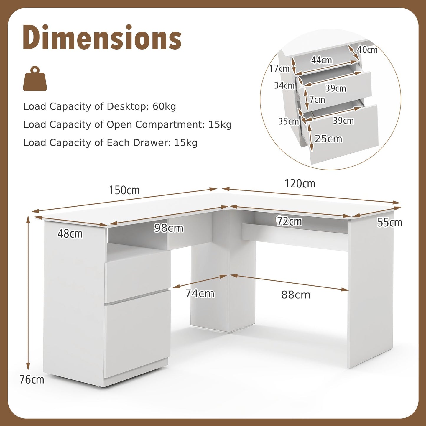 L Shaped Computer Desk with Letter File Drawer and Open Compartment-White