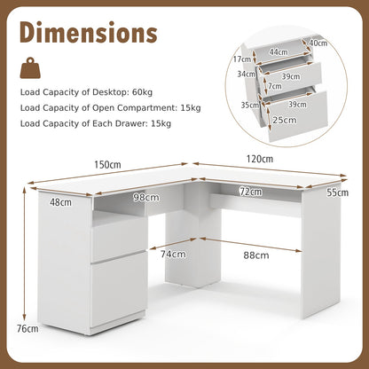 L Shaped Computer Desk with Letter File Drawer and Open Compartment-White