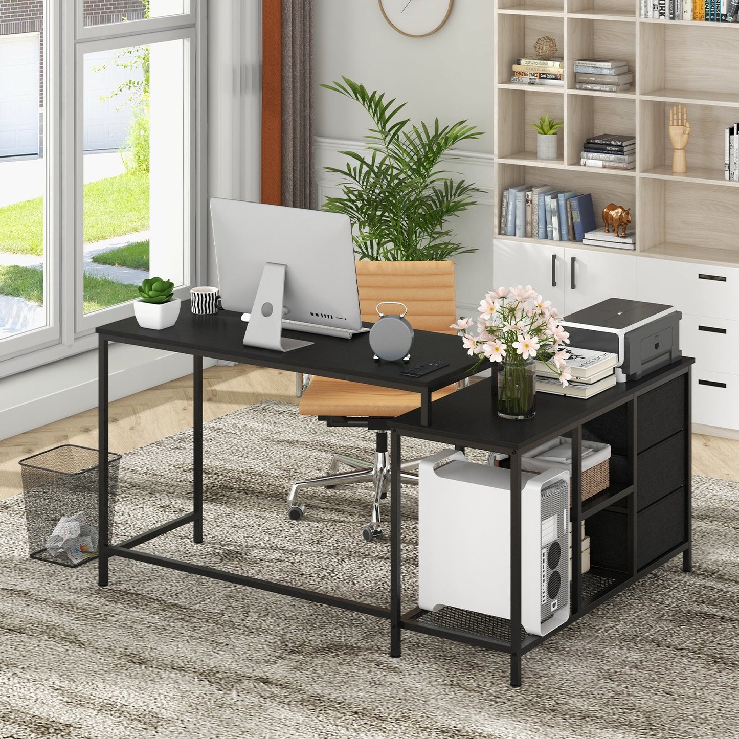 L-Shaped Computer Desk with Drawers Shelves and Charging Station-Black