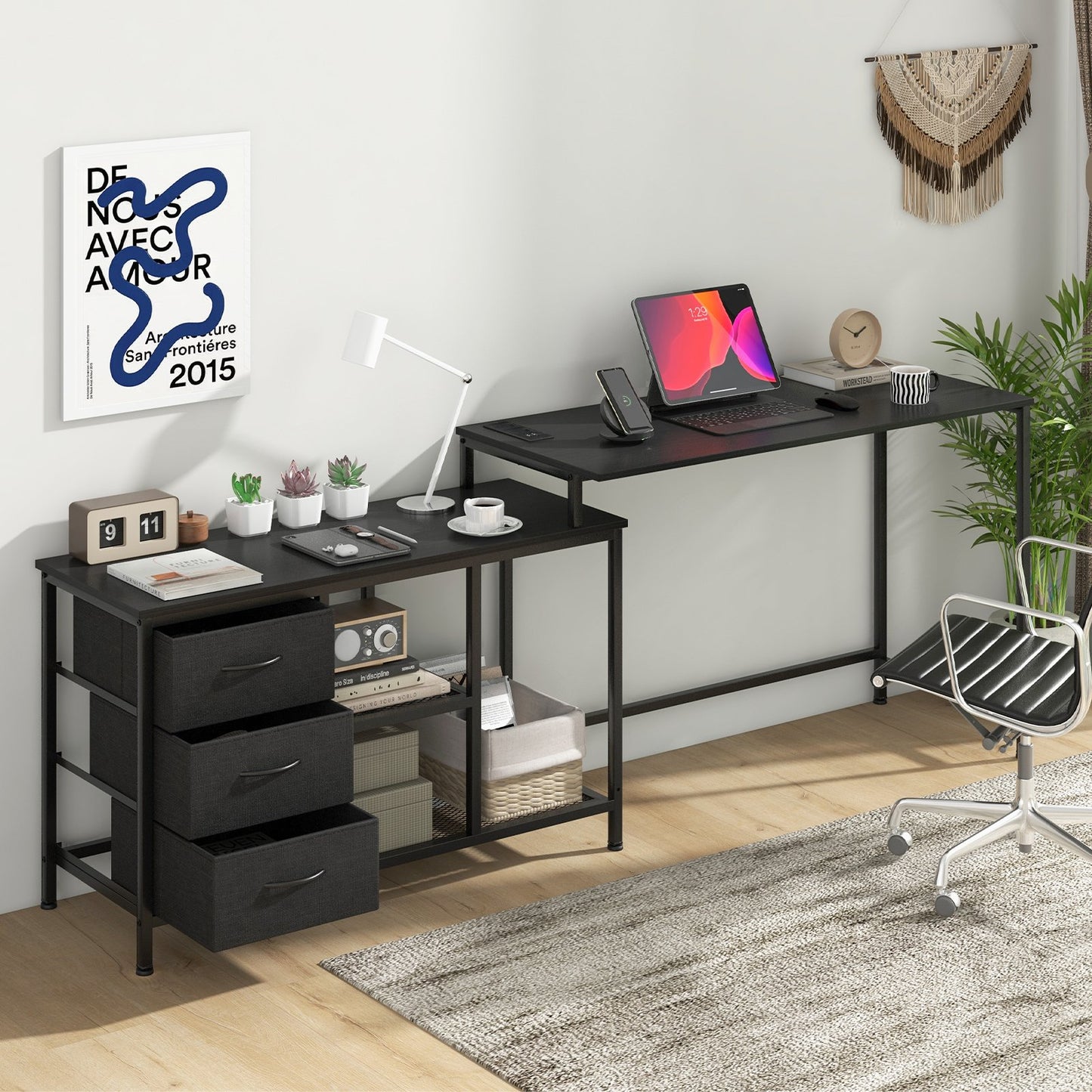 L-Shaped Computer Desk with Drawers Shelves and Charging Station-Black