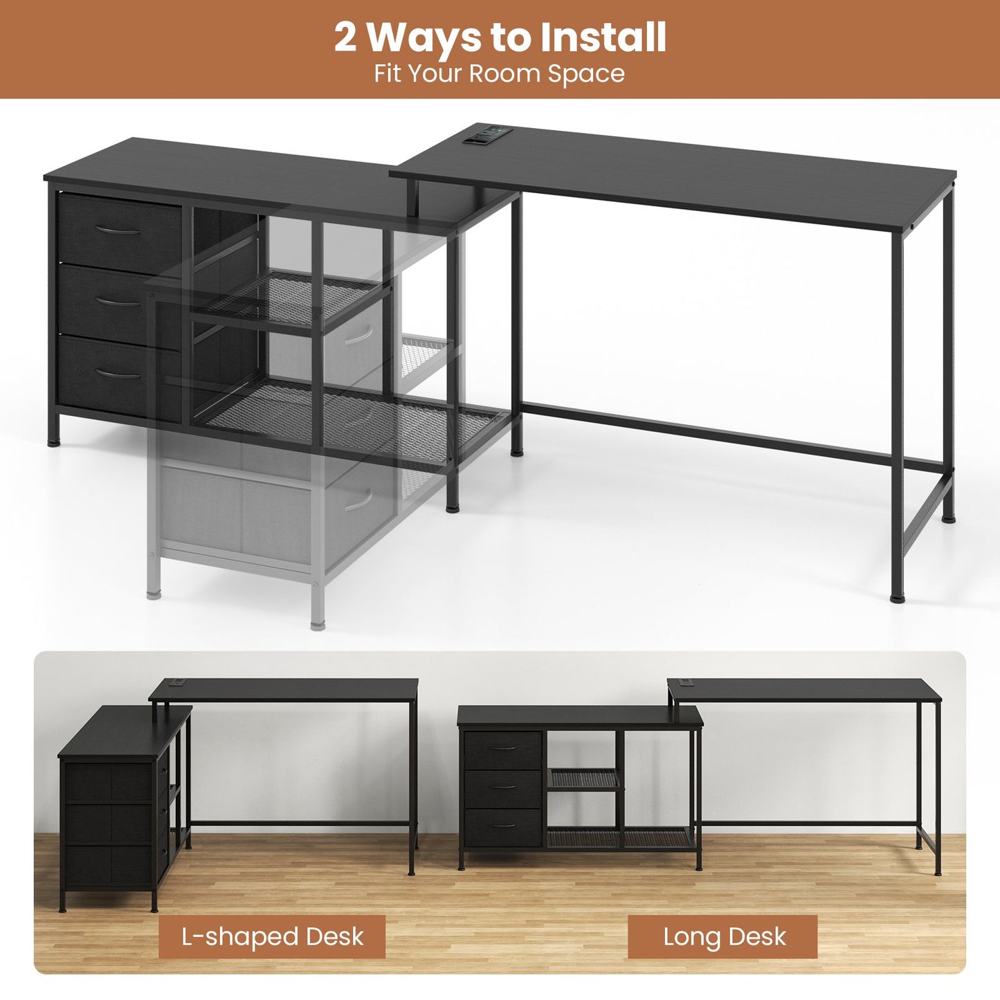 L-Shaped Computer Desk with Drawers Shelves and Charging Station-Black