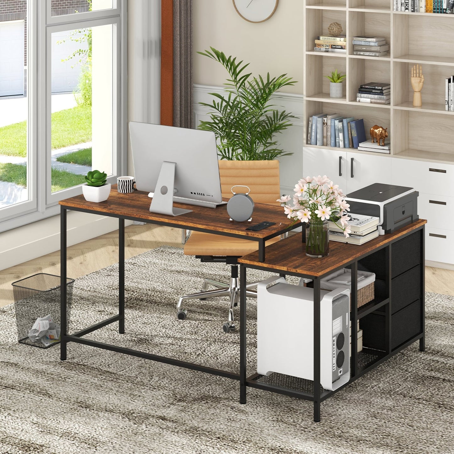 L-Shaped Computer Desk with Drawers Shelves and Charging Station-Rustic Brown