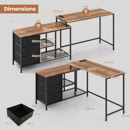 L-Shaped Computer Desk with Drawers Shelves and Charging Station-Rustic Brown