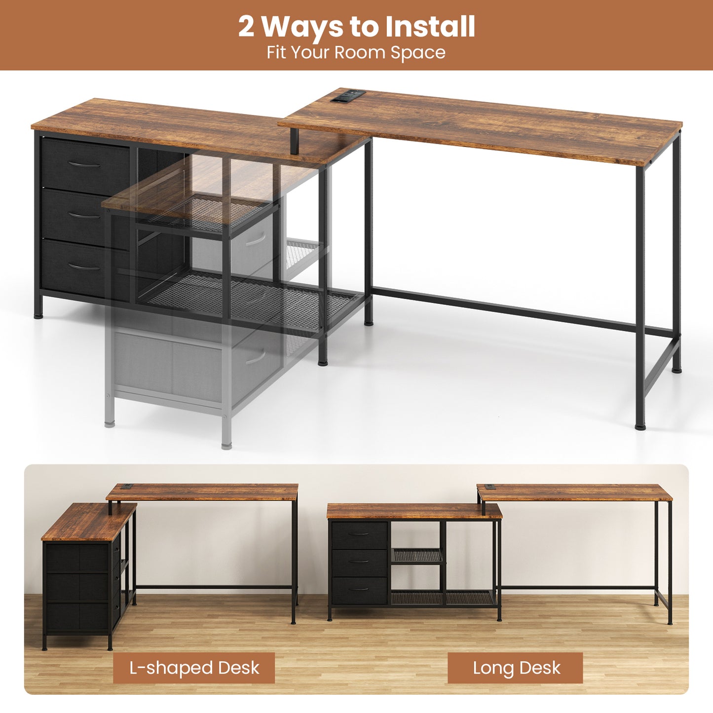 L-Shaped Computer Desk with Drawers Shelves and Charging Station-Rustic Brown