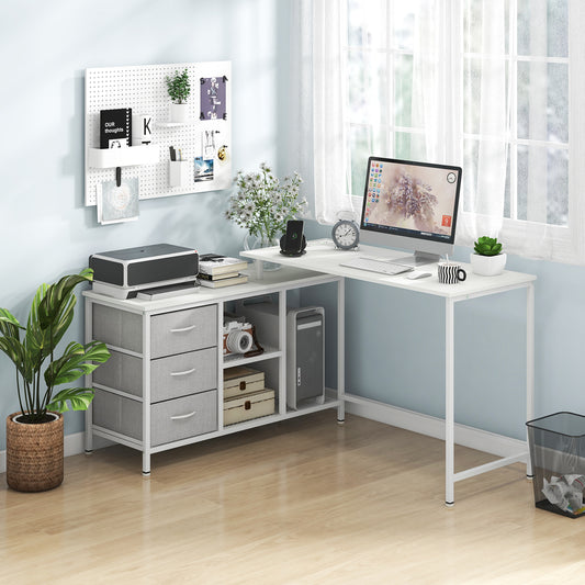 L-Shaped Computer Desk with Drawers Shelves and Charging Station-White