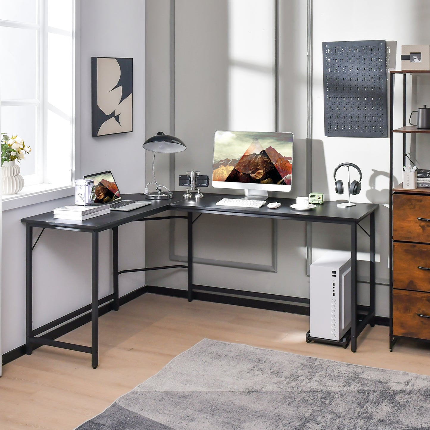 L-Shaped Desk with Power Outlet CPU Stand and Heavy-duty Metal Frame-Black