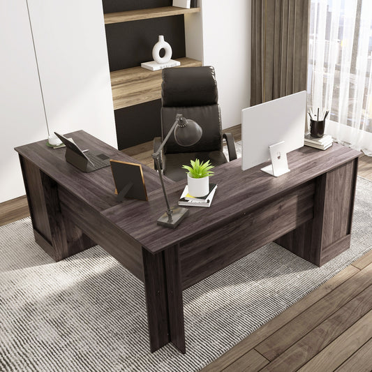 L-Shaped Corner Computer Desk with Drawers and Keyboard Tray-Dark Brown