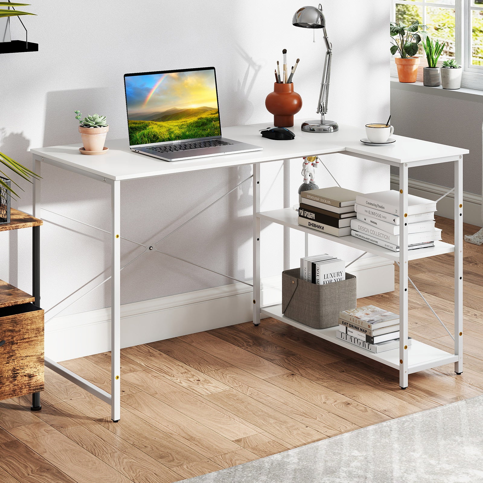 L-shaped Computer Desk Reversible Corner Desk with Adjustable Shelf-White