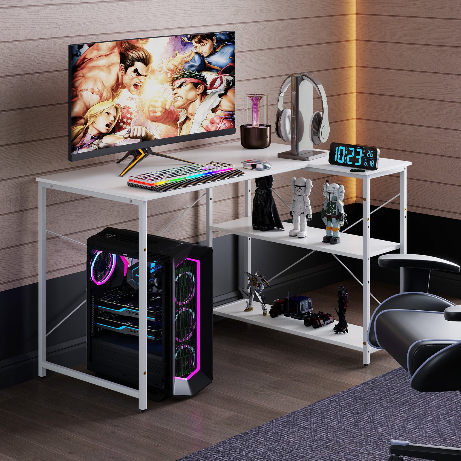 L-shaped Computer Desk Reversible Corner Desk with Adjustable Shelf-White