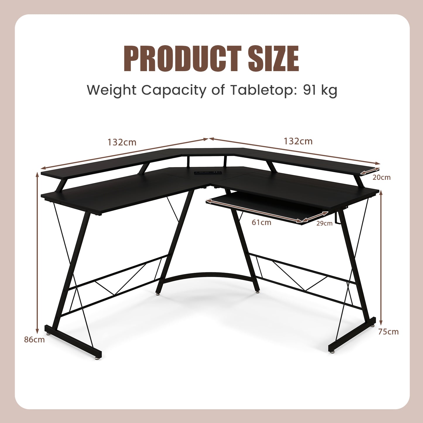 L-shaped Computer Desk with Power Outlet and Monitor Stand-Black