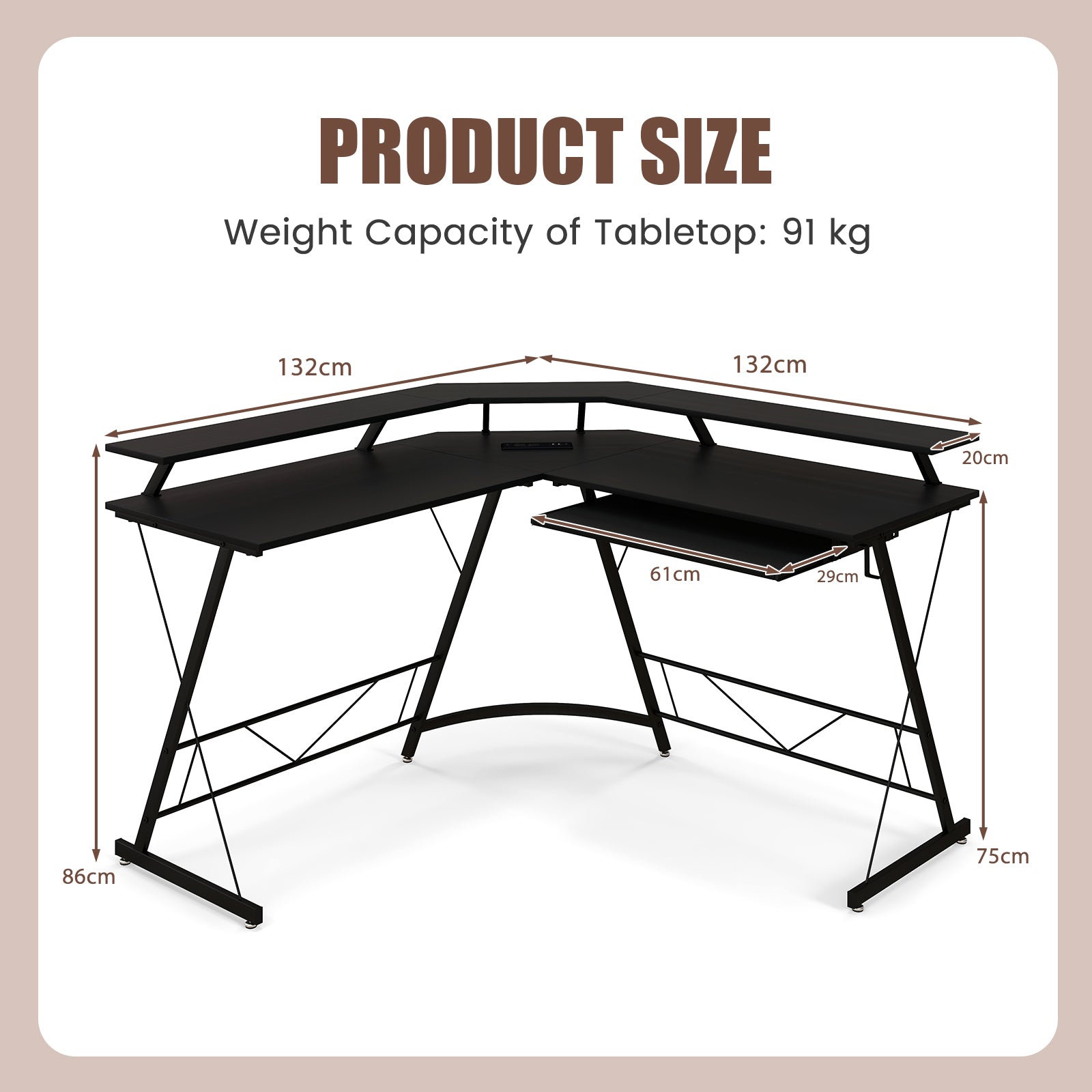 L-shaped Computer Desk with Power Outlet and Monitor Stand-Black