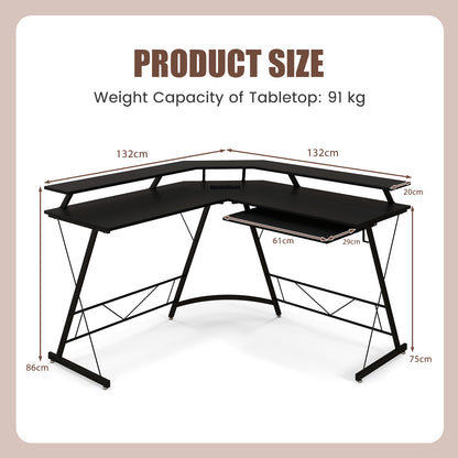 L-shaped Computer Desk with Power Outlet and Monitor Stand-Black