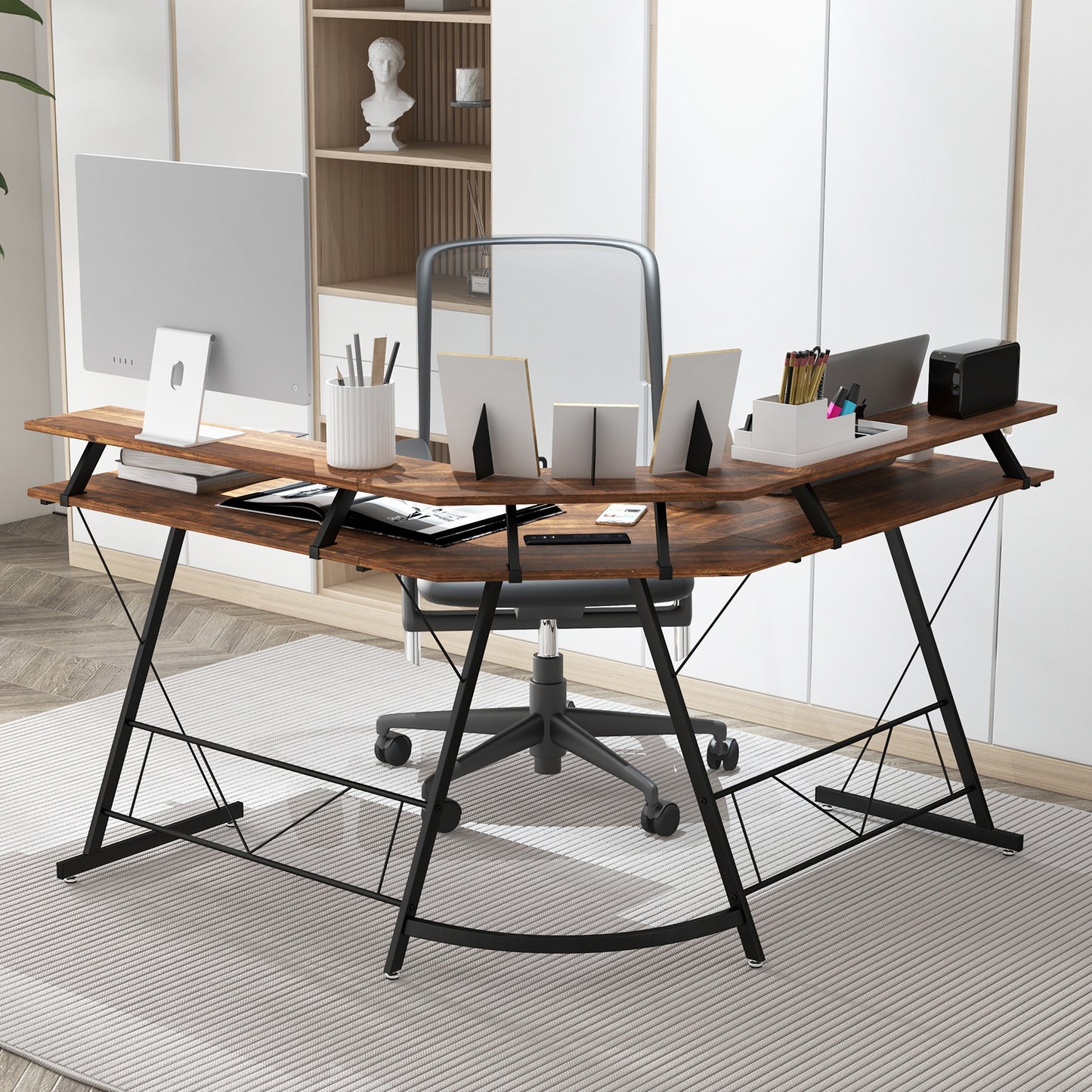 L-shaped Computer Desk with Power Outlet and Monitor Stand-Rustic Brown