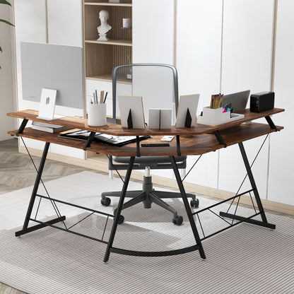L-shaped Computer Desk with Power Outlet and Monitor Stand-Rustic Brown