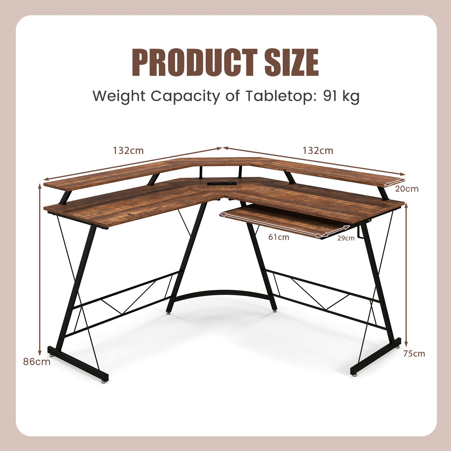 L-shaped Computer Desk with Power Outlet and Monitor Stand-Rustic Brown
