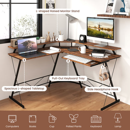 L-shaped Computer Desk with Power Outlet and Monitor Stand-Rustic Brown