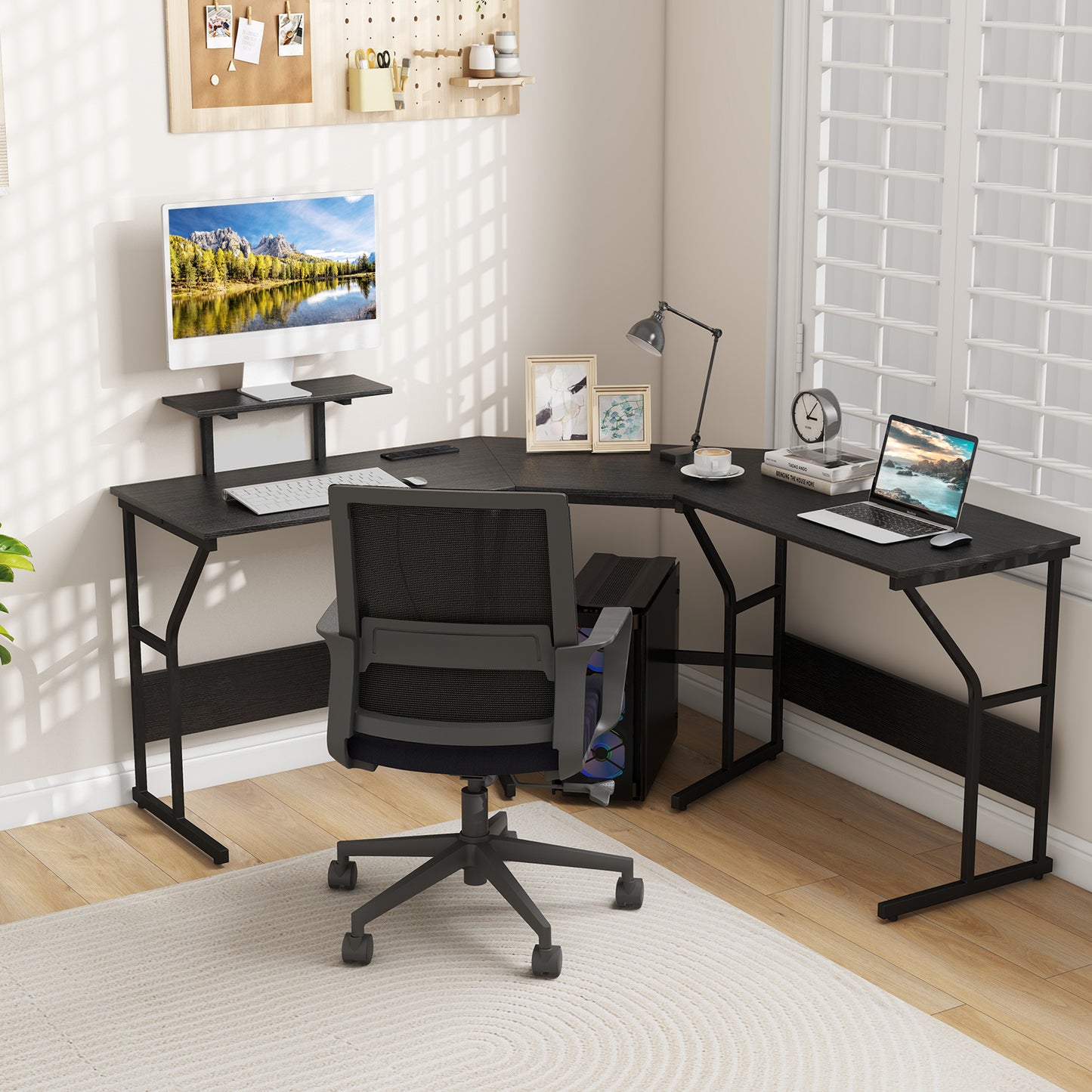 L-shaped Desk Corner Computer Desk with Movable Monitor Stand-Black