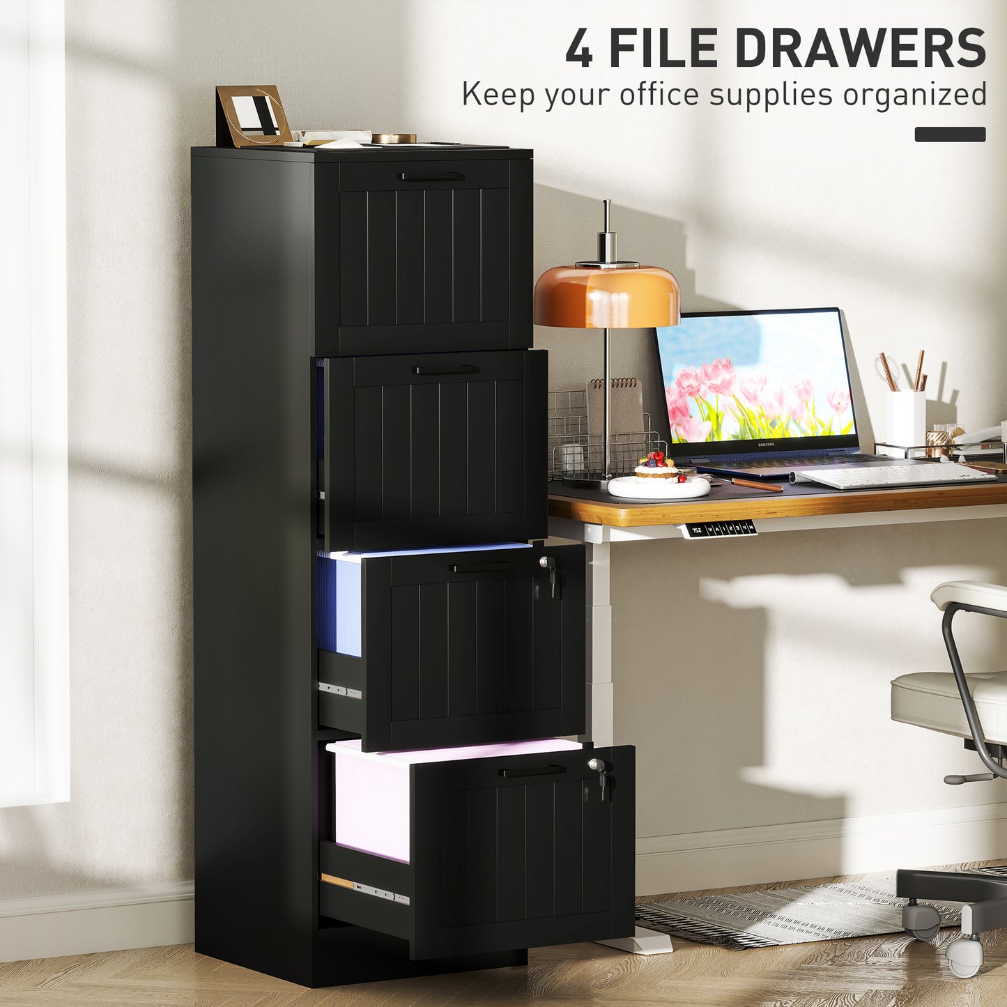 HOMCOM 4 Drawer Filing Cabinet with Lock, Office Storage Cabinet with Adjustable Hanging Bars for A4 Letter Size Files, Black
