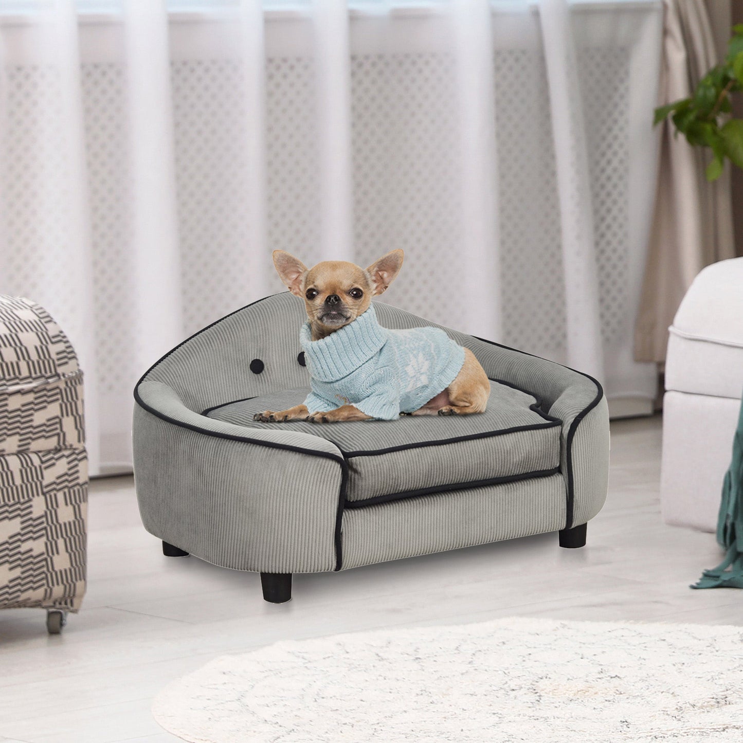 PawHut Dog Sofa for XS and S Size Dogs, Pet Chair Bed with Soft Cushion, Cat Sofa Couch with Washable Cover, Wooden Frame, 66.5 x 45 x 35.5 cm, Grey