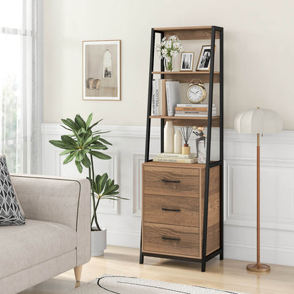 Ladder Bookshelf Tall Bookcase with 3 Open Shelves and 3 Drawers-Natural
