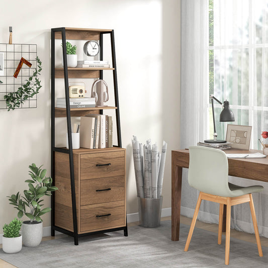Ladder Bookshelf Tall Bookcase with 3 Open Shelves and 3 Drawers-Natural