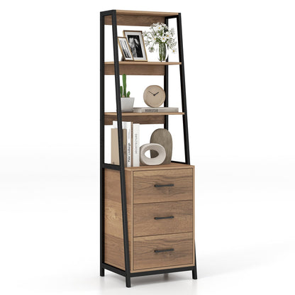 Ladder Bookshelf Tall Bookcase with 3 Open Shelves and 3 Drawers-Natural