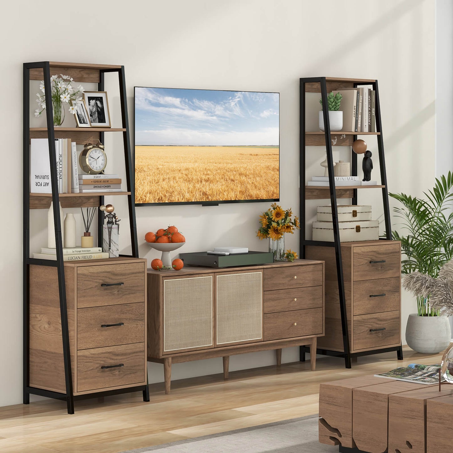Ladder Bookshelf Tall Bookcase with 3 Open Shelves and 3 Drawers-Natural