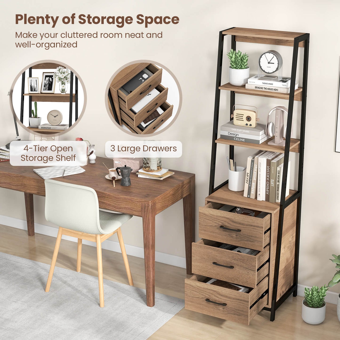 Ladder Bookshelf Tall Bookcase with 3 Open Shelves and 3 Drawers-Natural
