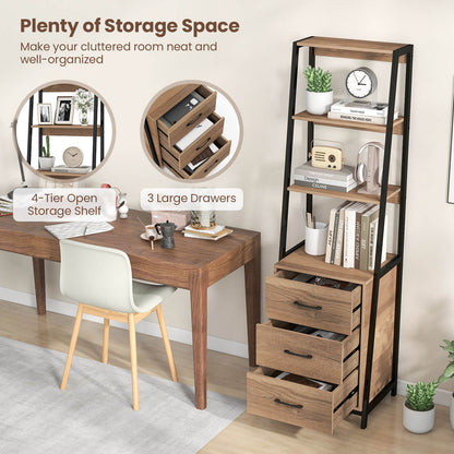 Ladder Bookshelf Tall Bookcase with 3 Open Shelves and 3 Drawers-Natural