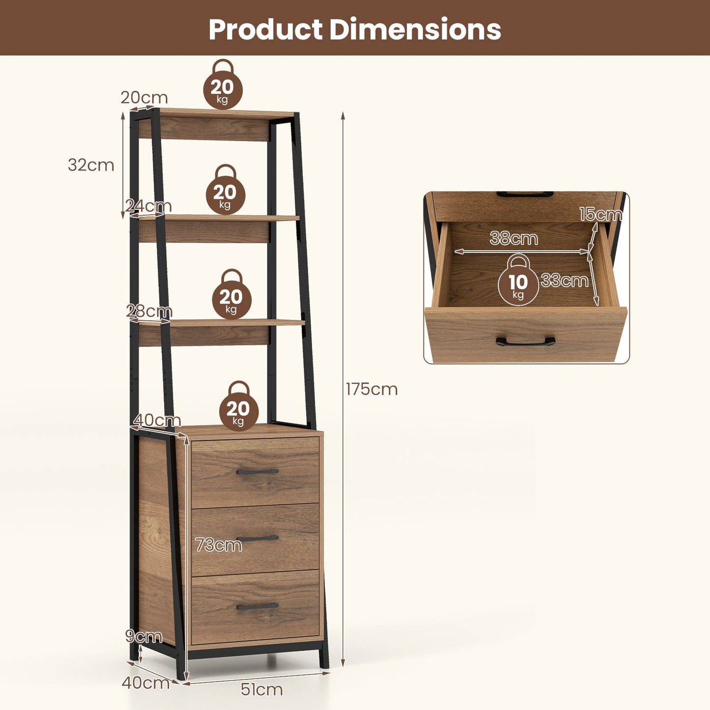 Ladder Bookshelf Tall Bookcase with 3 Open Shelves and 3 Drawers-Natural