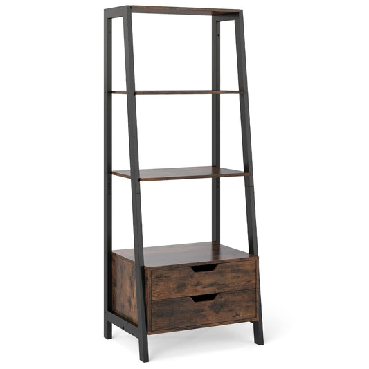 Ladder Bookshelf Tall Freestanding Display Rack with Storage-Rustic Brown