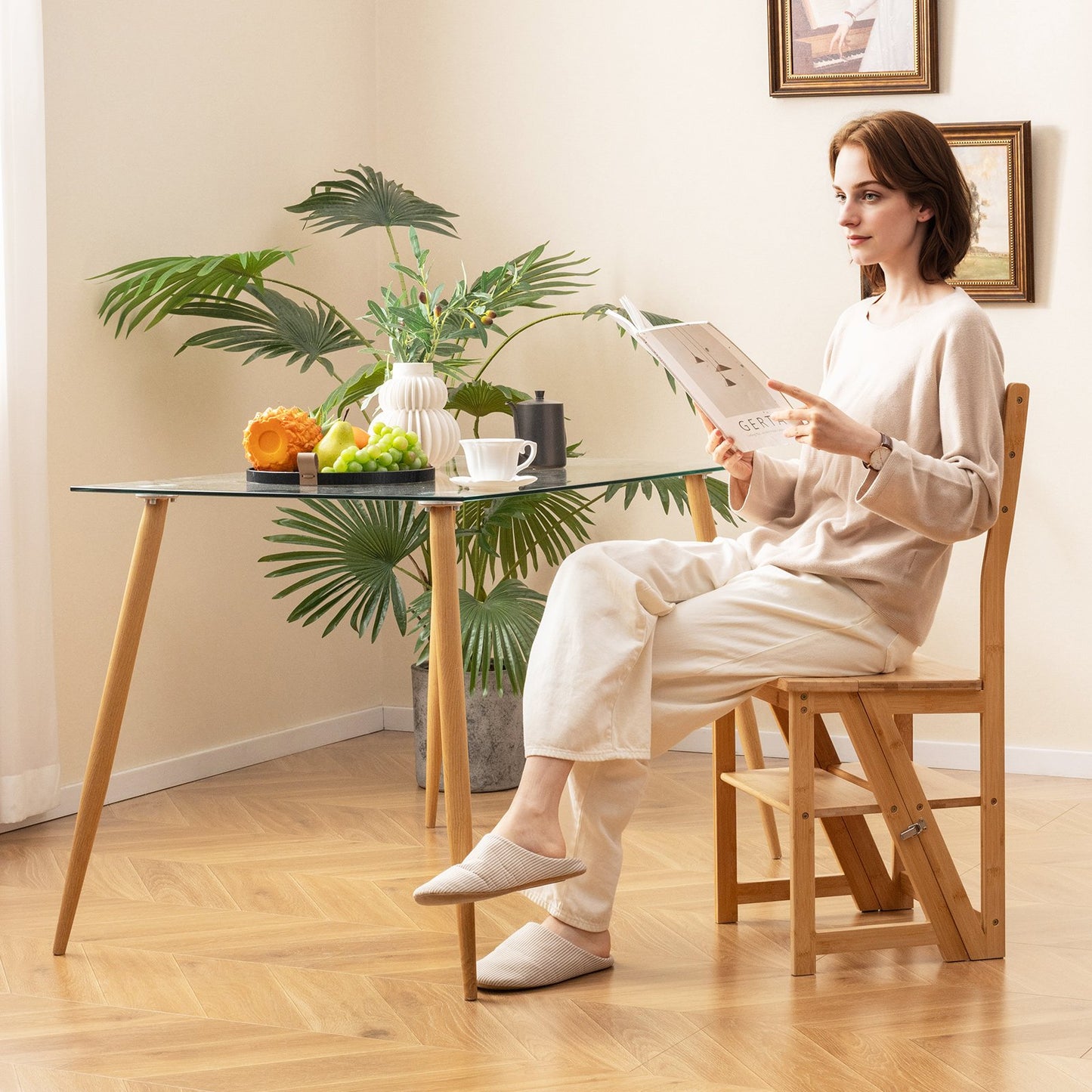Convertible Step Stool and Chair with Safety Locks for Adults-Natural