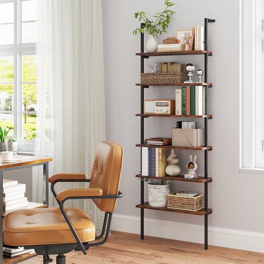 6-Tier Ladder Shelf Wall Mounted Bookshelf with Metal Frame-Rustic Brown