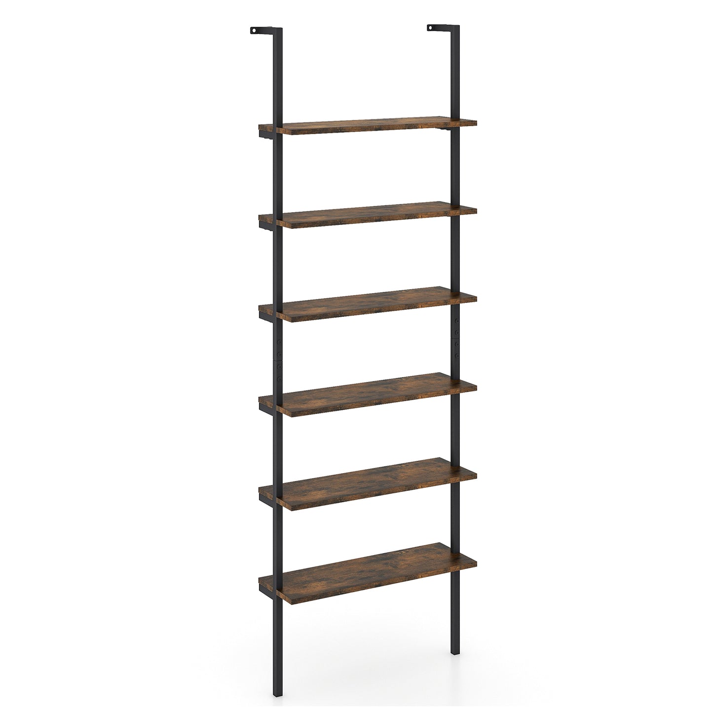 6-Tier Ladder Shelf Wall Mounted Bookshelf with Metal Frame-Rustic Brown