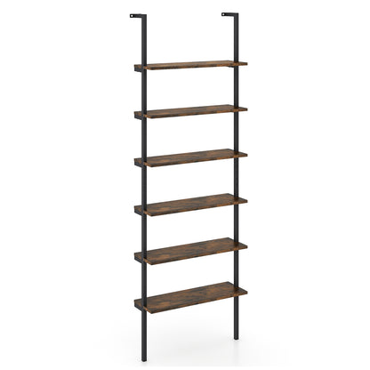 6-Tier Ladder Shelf Wall Mounted Bookshelf with Metal Frame-Rustic Brown