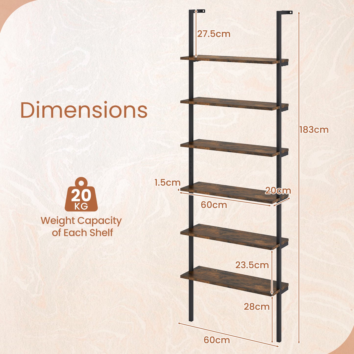 6-Tier Ladder Shelf Wall Mounted Bookshelf with Metal Frame-Rustic Brown