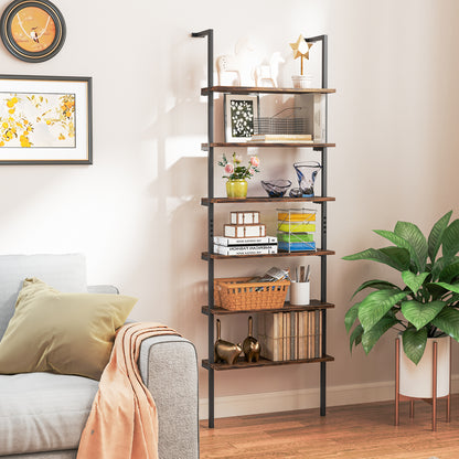 6-Tier Ladder Shelf Wall Mounted Bookshelf with Metal Frame-Rustic Brown