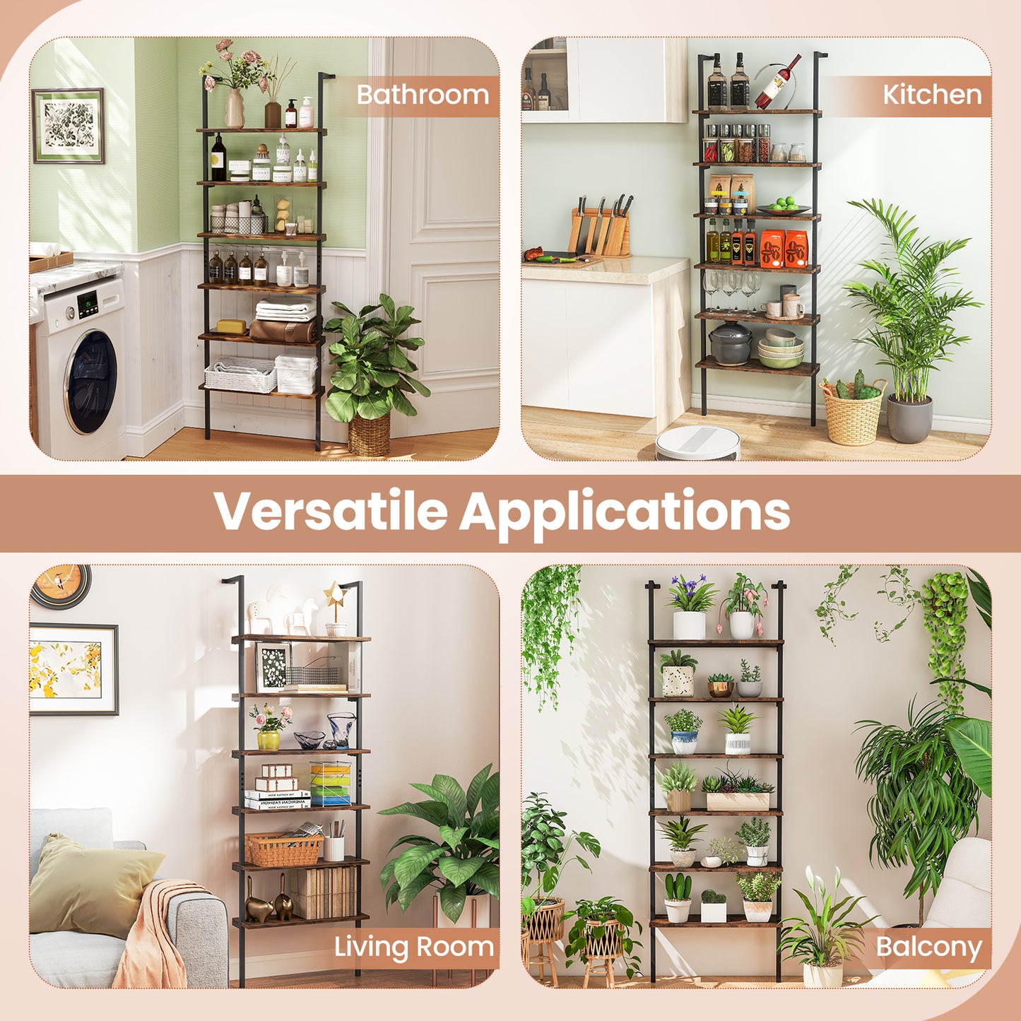 6-Tier Ladder Shelf Wall Mounted Bookshelf with Metal Frame-Rustic Brown
