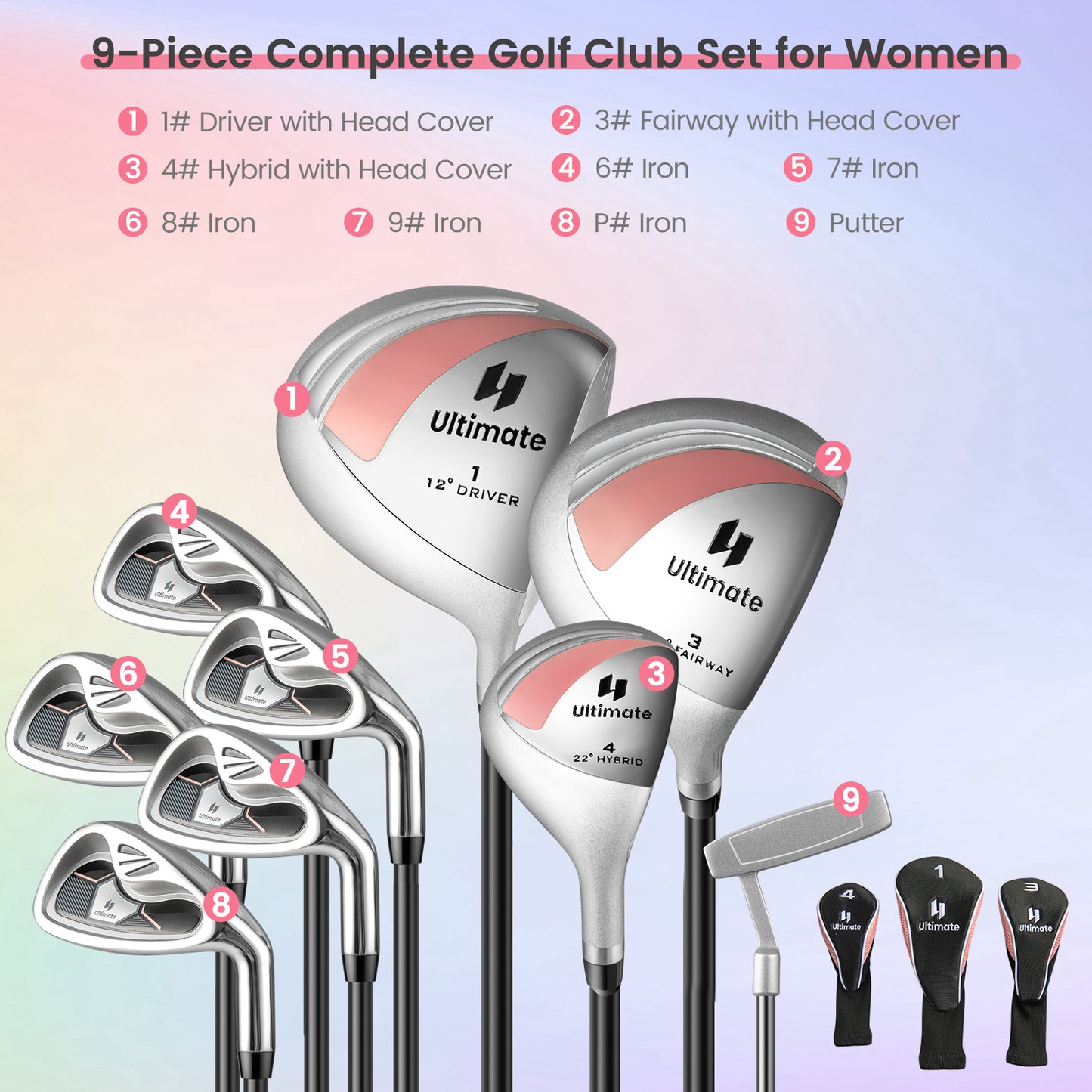 Ladies' 9 Pieces Complete Golf Club Set with 460cc Alloy Driver-Pink
