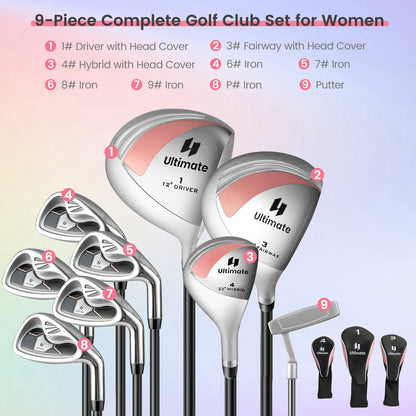 Ladies' 9 Pieces Complete Golf Club Set with 460cc Alloy Driver-Pink
