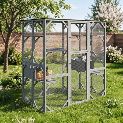 Large Fir Wood Outdoor Cat Enclosure with 2 Napping Houses-Grey